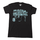 black t-shirt with light blue ink of a recording studio