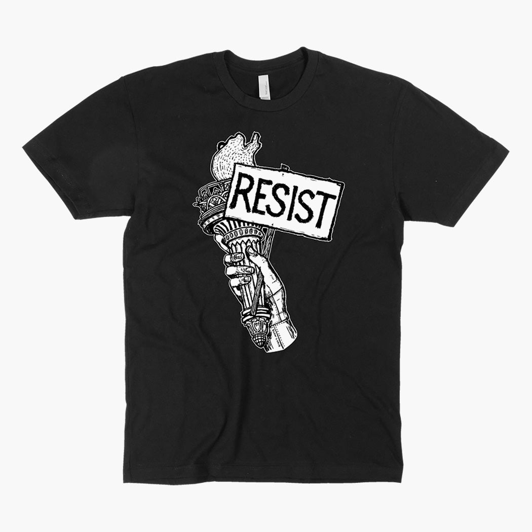 Black t shirt with white ink saying resist