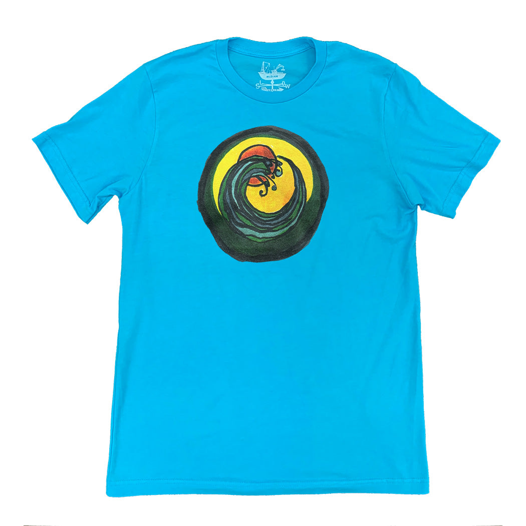 light blue t-shirt with a circle encompassing a wave and sun. Ink is yellow, orange, green and black 