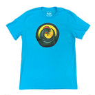 light blue t-shirt with a circle encompassing a wave and sun. Ink is yellow, orange, green and black 