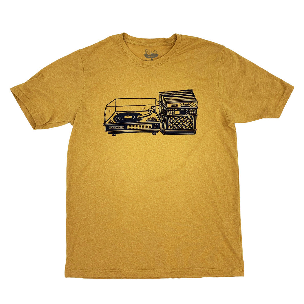 yellow shirt with black print of a record player with a milk crate full of records next to it.