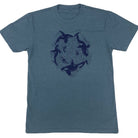 Flat light blue shirt and dark blue print of orcas swimming in a circle