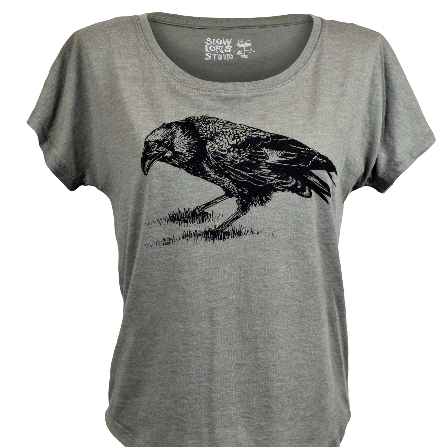 Close up of Grey T with a crow screen printed on it. 