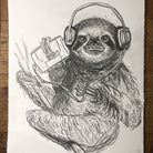 original drawing of a sloth listening to music on headphones.