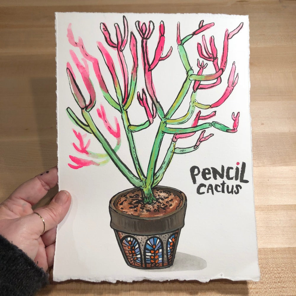 watercolor pencil cactus Original Painting, Pencil Cactus