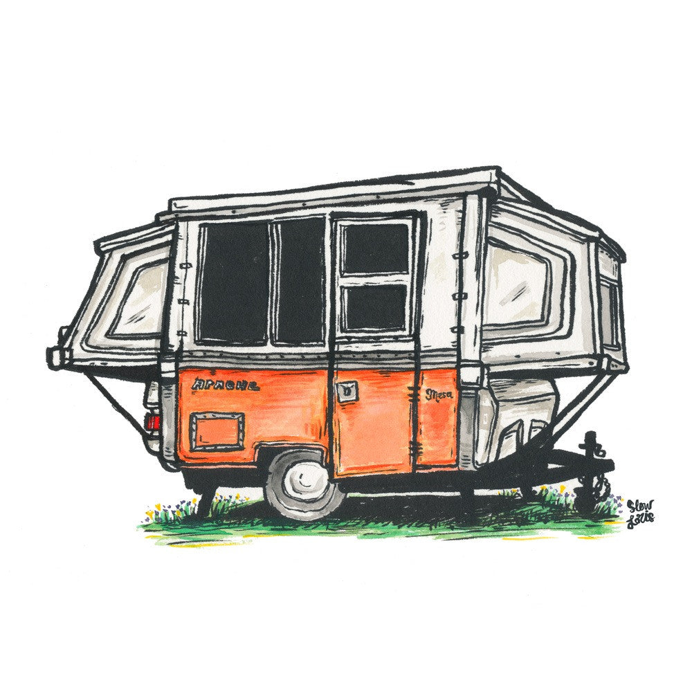 Art print painting of vintage orange Apache Mesa trailer on grass.