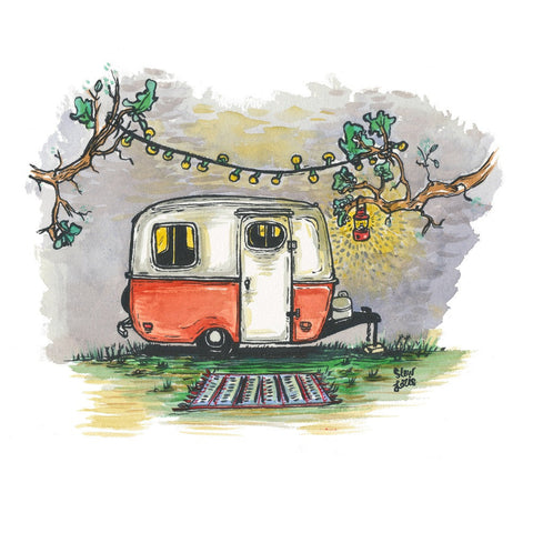 Art print - colorful painting of a Boler camper trailer in a cozy camp.