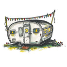 Colorful painting of a boles aero camper trailer lit from inside, strung with party flags. 