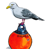 A close-up shot of a colorful art print of a seagull standing on a buoy.