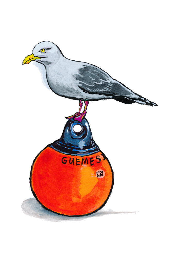 A colorful art print of a seagull standing on a buoy.
