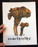 Colorful art print - two chanterelle mushrooms with the word chanterelle below in black hand-lettering.
