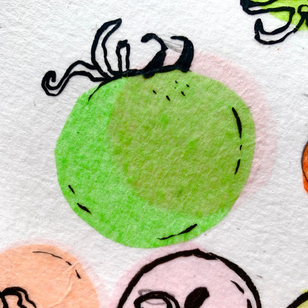 Art print detail - one green cherry tomato.