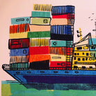 Detail of a colorful art print - a stack of containers on a container ship.