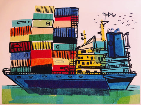 Colorful art print of a container ship made of tissue paper and ink.