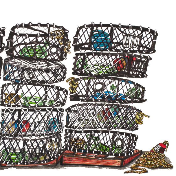 Large colorful art print of stacked crab pots, close-up detail.