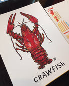 Art print of a crawfish, next to the color palette the original was painted with.
