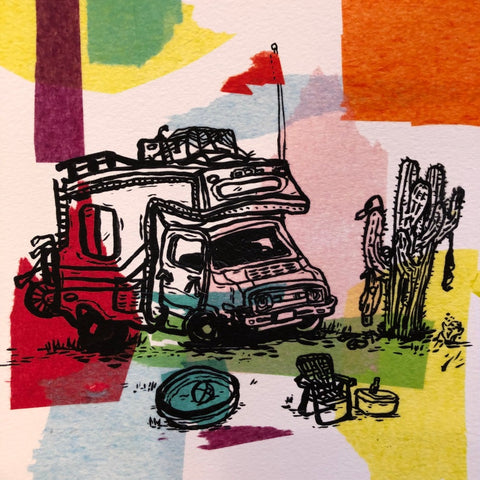 Close-up detail of our Desert Camp art print, a colorful tissue and ink painting of a truck camper parked next to a cactus and lawn chair.