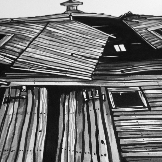 Close-up detail of black and white abandoned barn art print.