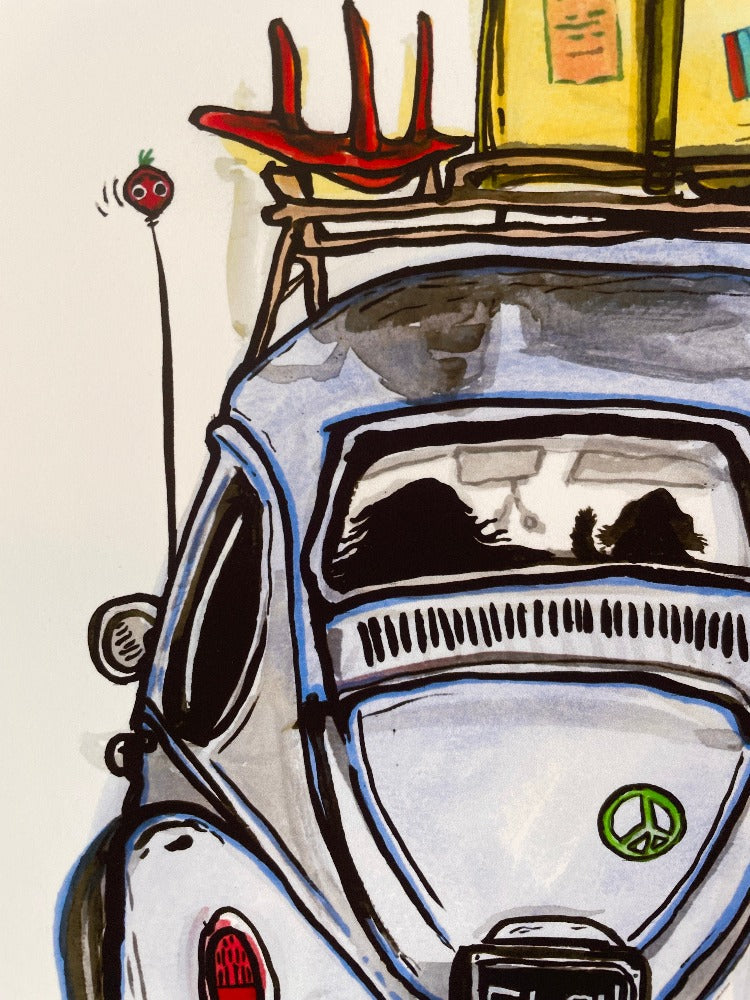 Detail of left side of our Dog Is My Copilot art print, a colorful painting of a VW bug from the rear, with silhouettes of a long-haired person in the driver's seat and a dog in the passenger seat.