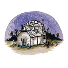 Colorful art print of a geodesic dome house in the desert, under a purple night sky. Watercolor and ink.