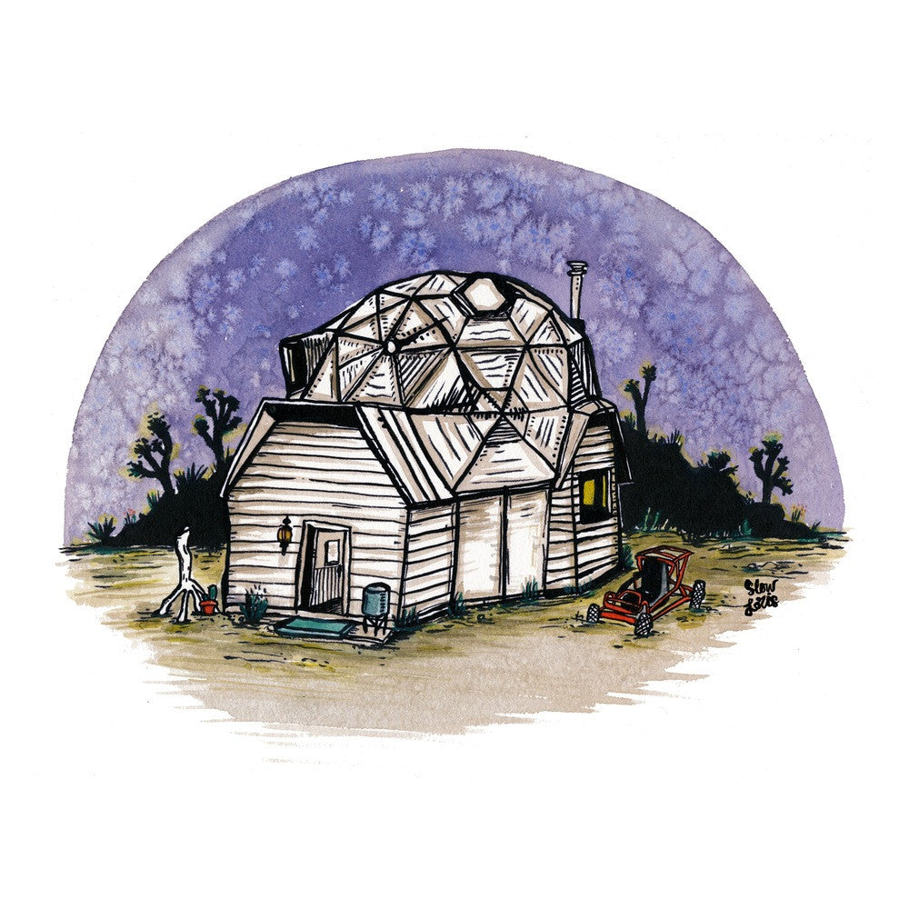 Colorful art print of a geodesic dome house in the desert, under a purple night sky. Watercolor and ink.