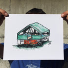 Art print painting of green and orange canvas tent camper trailer in grass, held at corners in pinched fingers.