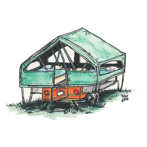 Art print green and orange canvas tent camper trailer in grass.