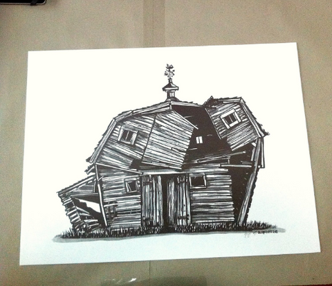 Black and white art print ink painting of abandoned barn.
