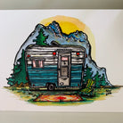 Greeting card printed with a colorful painting of a blue Bell camper in front of a mountain, one of six designs in a set.