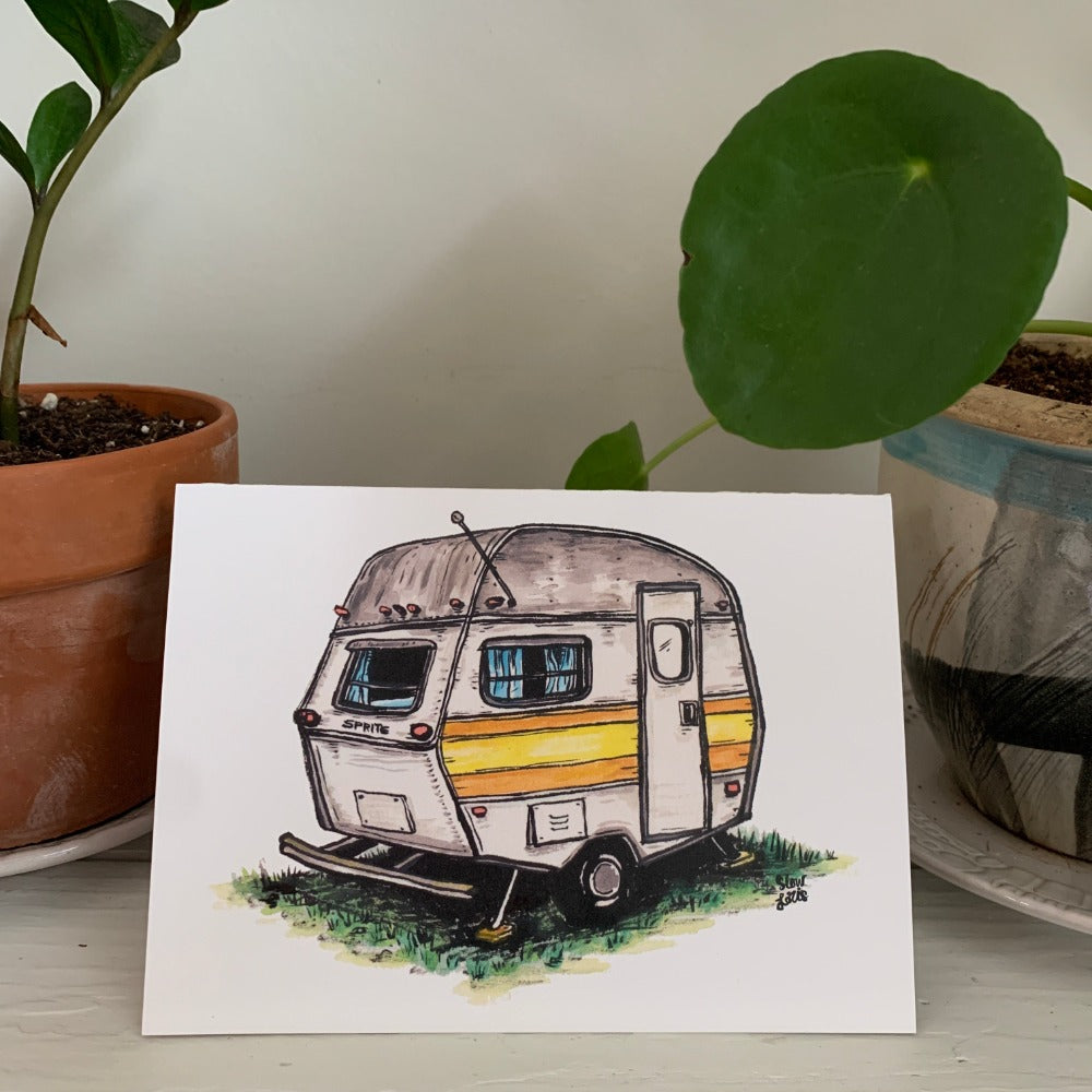 Greeting card printed with a colorful painting of a Sprite camper with a yellow stripe, one of six designs in a set.