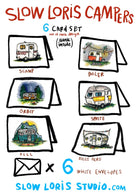 Information card showing each of six designs in our vintage camper trailer series.