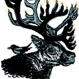 Art print detail - painting of caribou with candles for antlers, magpie perched on back. 
