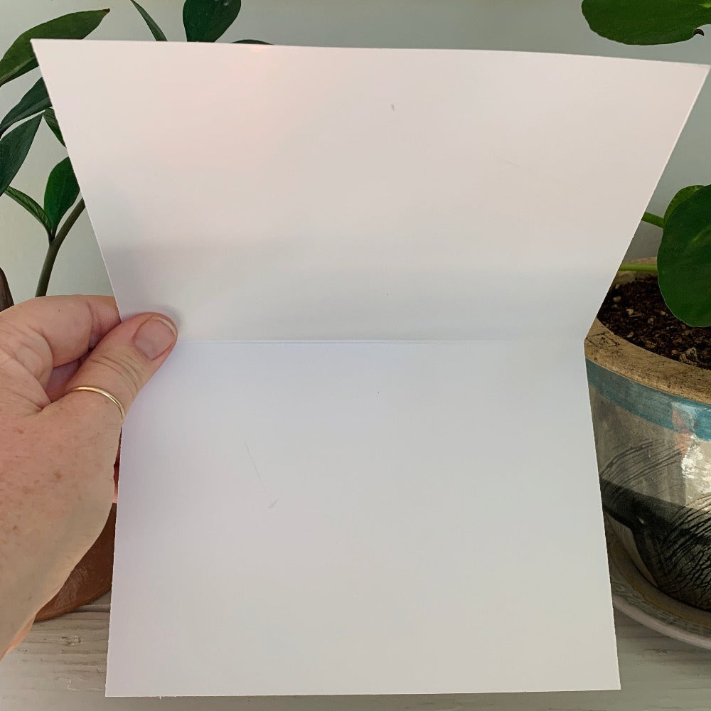 The inside of a blank greeting card, with potted plants in the background.