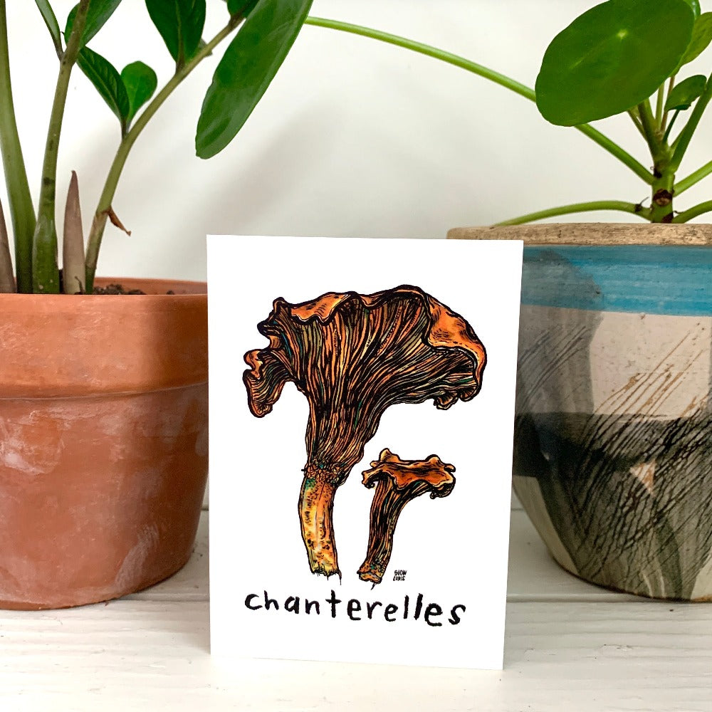 A greeting card printed with two colorful chanterelle mushrooms. The card is propped on a table between two potted plants.