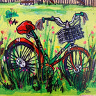 Detail of a colorful painting of an old bicycle parked in a field full of flowers.