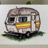 Colorful painting of a vintage trailer - the art for our Sprite camper greeting card.