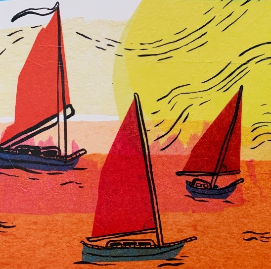 Ink and tissue painting of 3 sail boats at sunset. Detail of our greeting card.