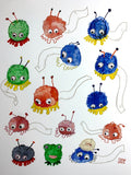 A greeting card printed with many colorful Weepuls - small fuzzballs with googly eyes and big feet. Each has a blank tag for writing your own message.