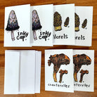 Six small greeting cards and envelopes, 2 of each mushroom design (Inky Cap, Morels, and Chanterelles).