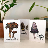 Three greeting cards, each with a different mushroom drawing printed on the front - Chanterelles, Inky Cap, and Morels.