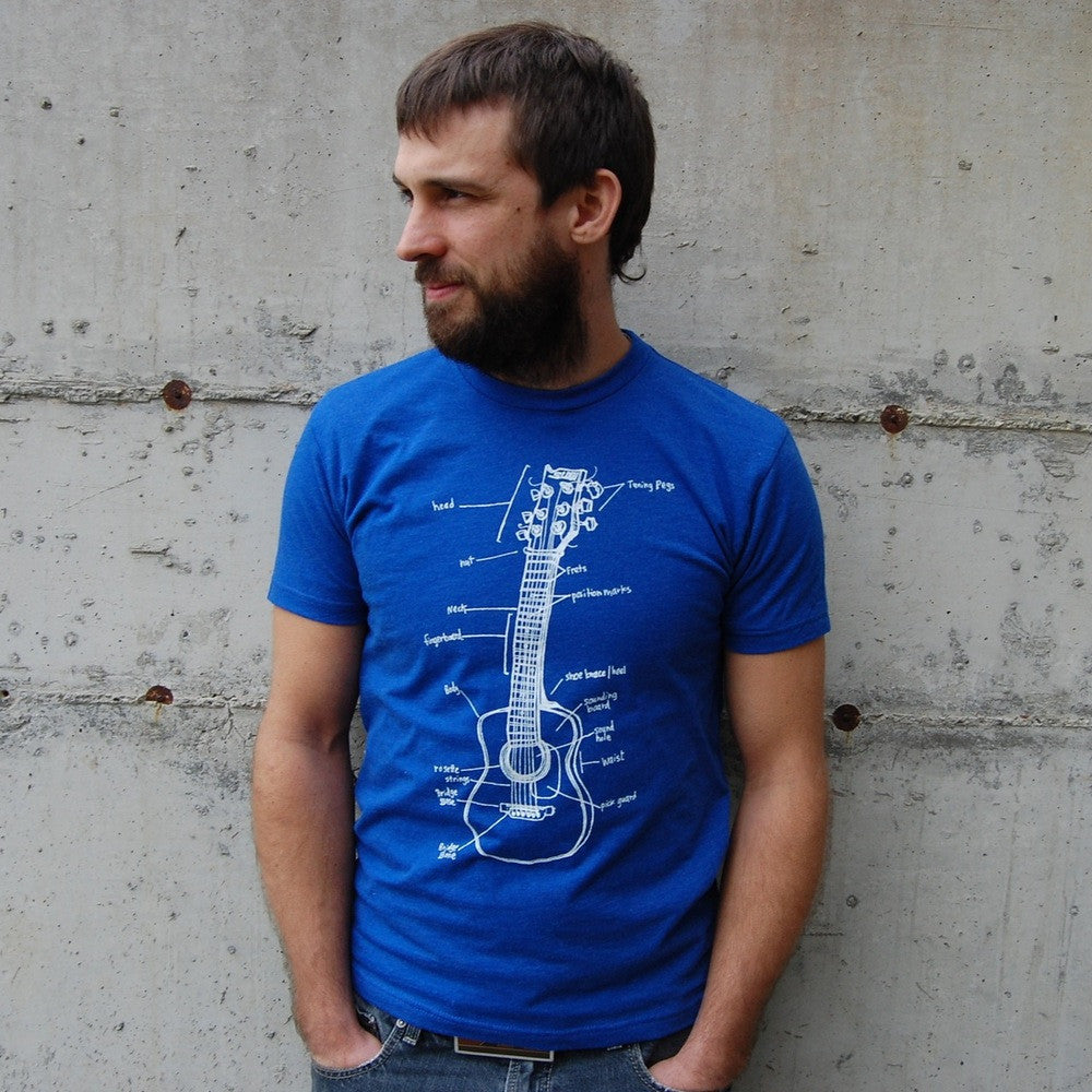 Man smiling wearing ball capMan standing against a concrete wall wearing blue t-shirt with a guitar on it with labeled parts.