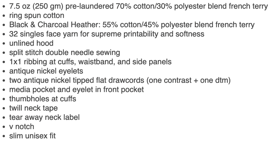 List of details and features for our Crow hoodie.