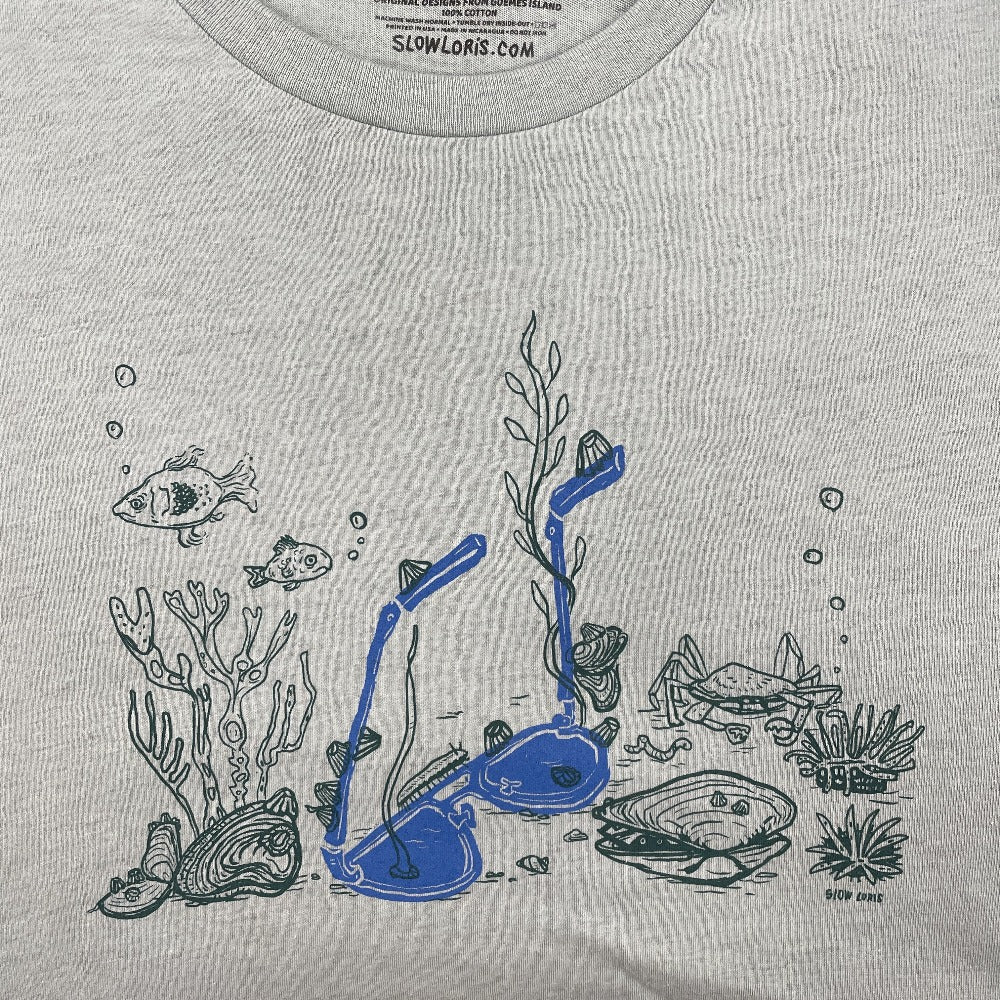 underwater print of sunglasses, kelp, crab, clam, mussels, and fish