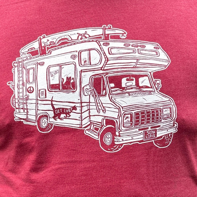 red shirt with a loaded up RV on it. .