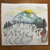 Ski scene ink & watercolor painting