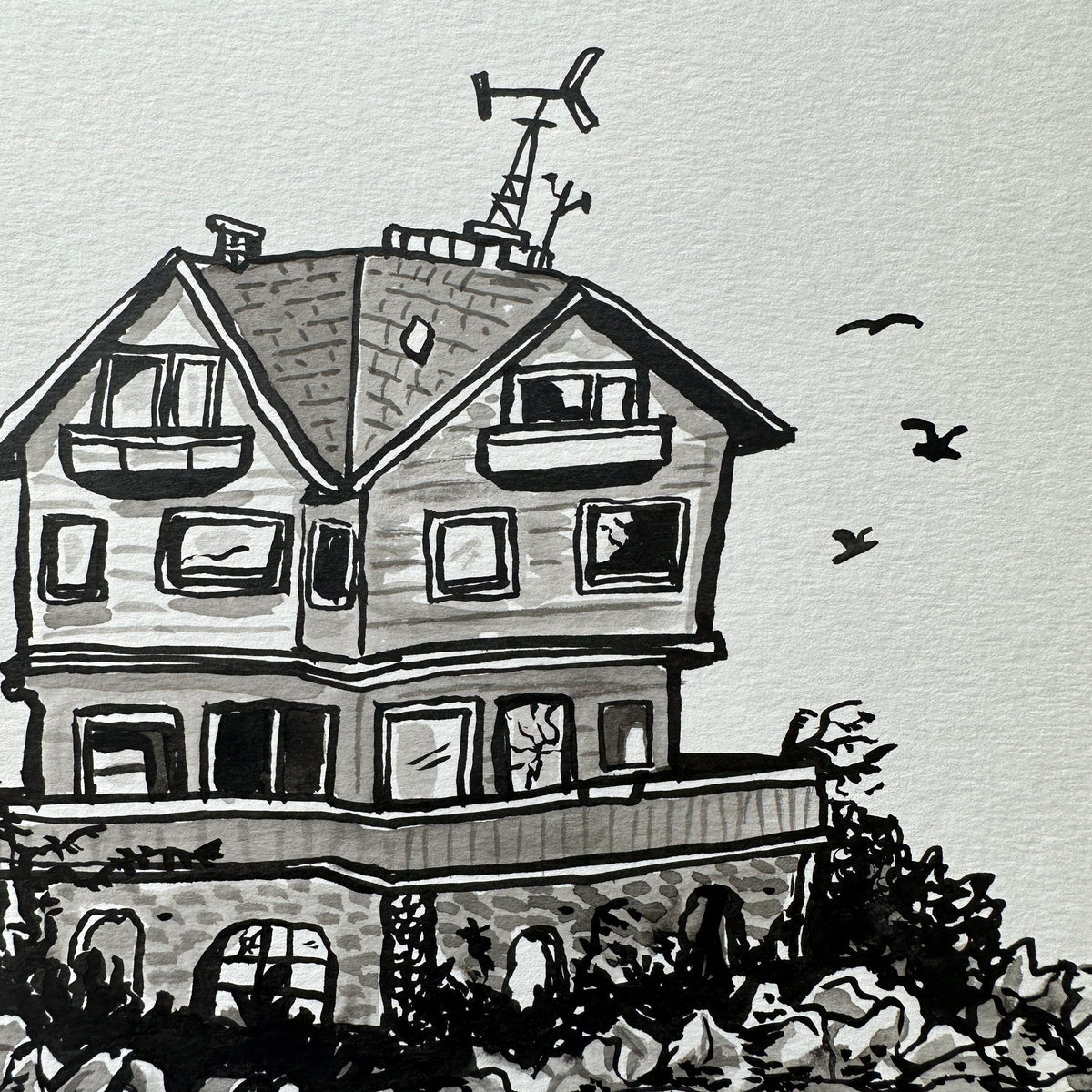 Sea House ink drawing – Slow Loris