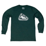 Green long sleeve t shirt printed with a carabiner/mountain scene in white ink.