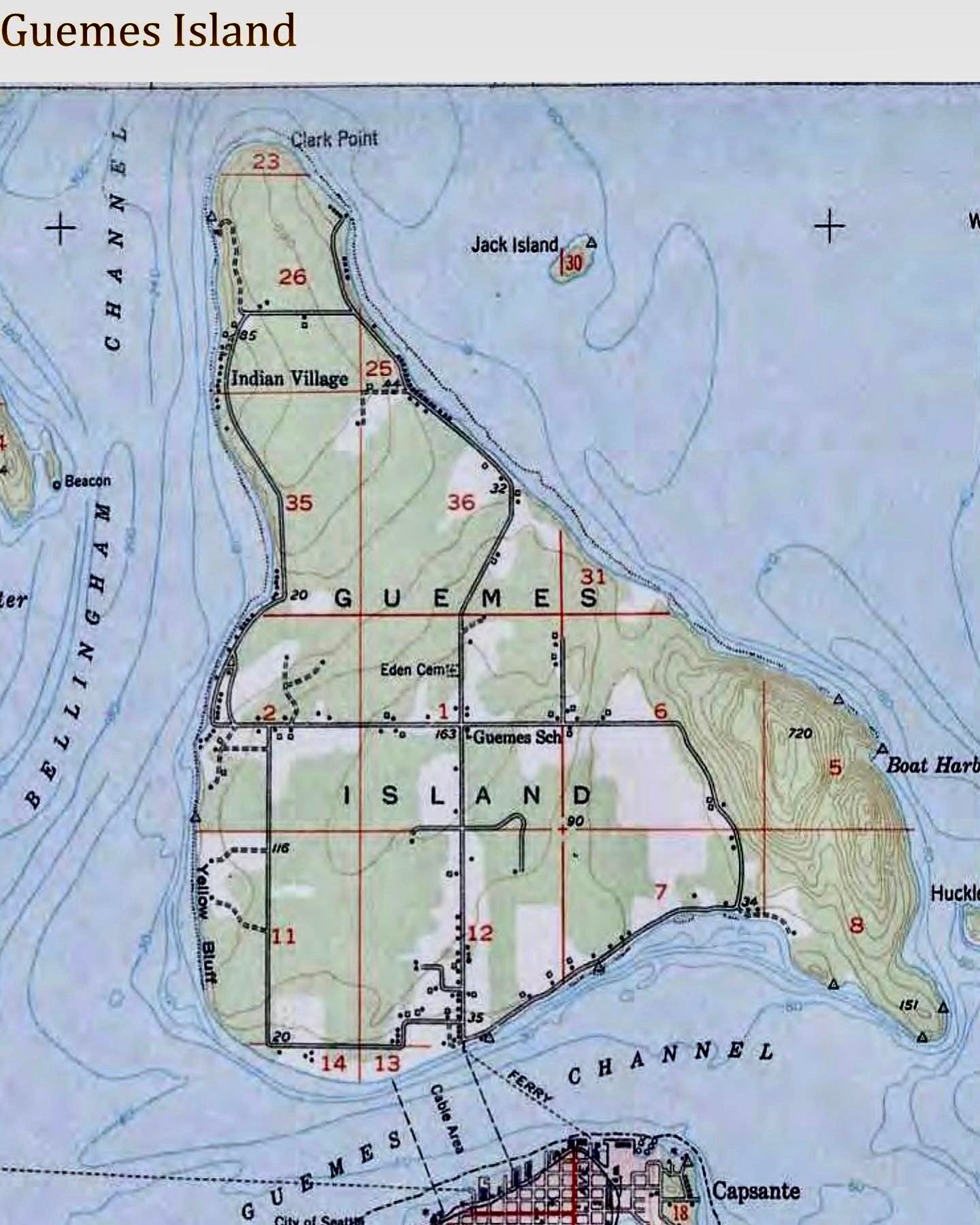 A map of Guemes Island, also known as dog island, inspiration for our new sticker.