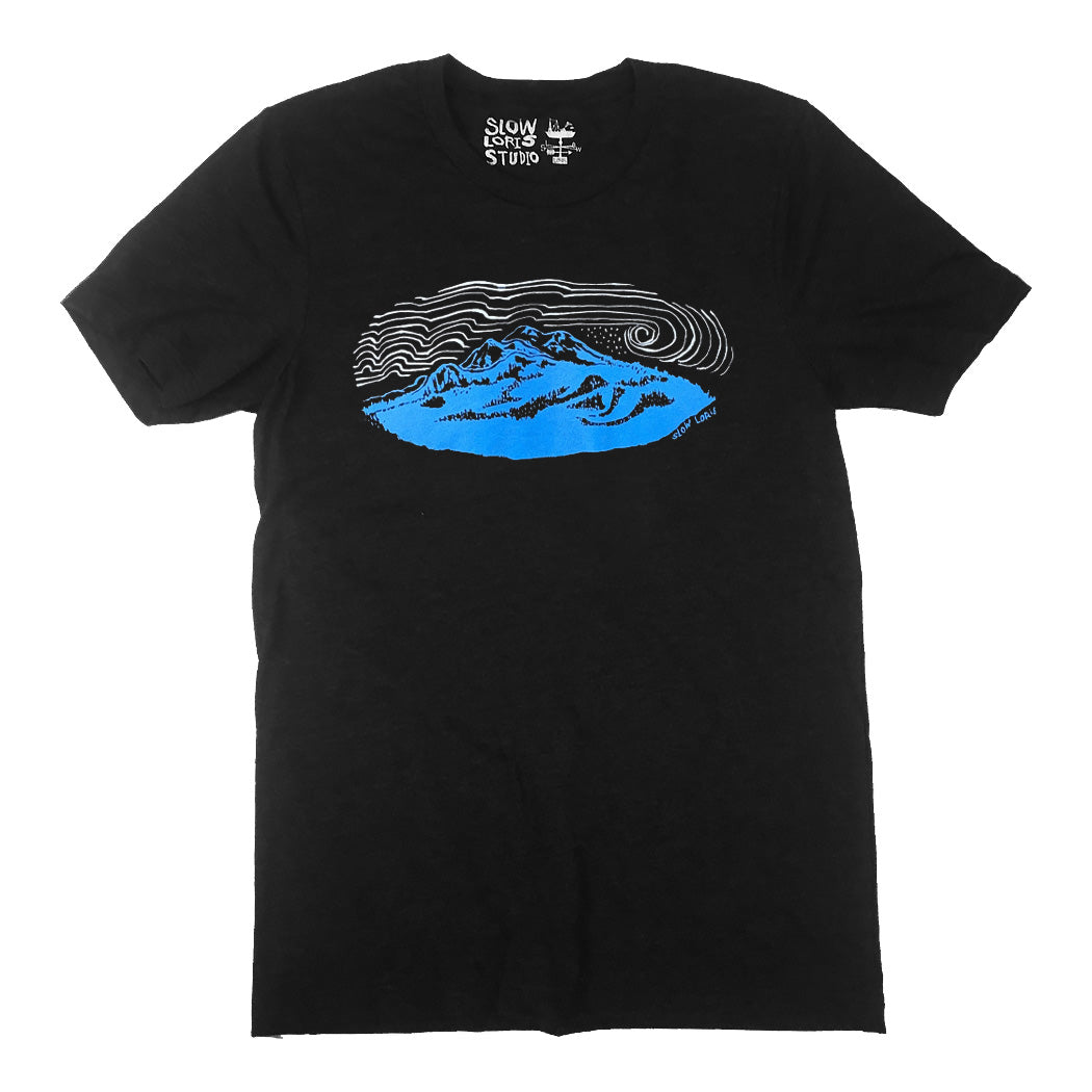 Black t shirt with blue and white print of a mountain under windy skies.