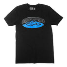 Black t shirt with blue and white print of a mountain under windy skies.